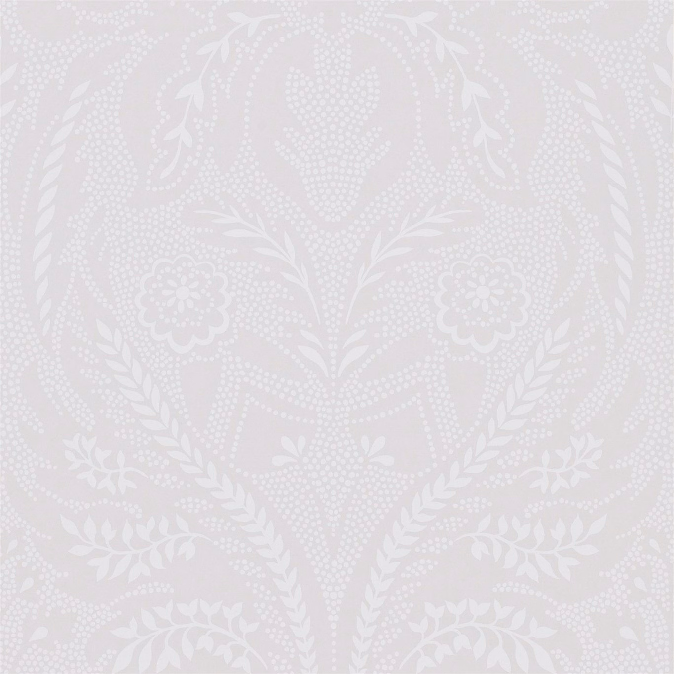 Pale oyster wallpaper with white dotted damask, leaf sprays and stylised flowers