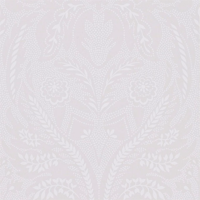 Pale oyster wallpaper with white dotted damask, leaf sprays and stylised flowers