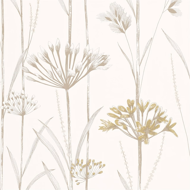 Ivory wallpaper with soft grey stems and muted gold botanical seed heads