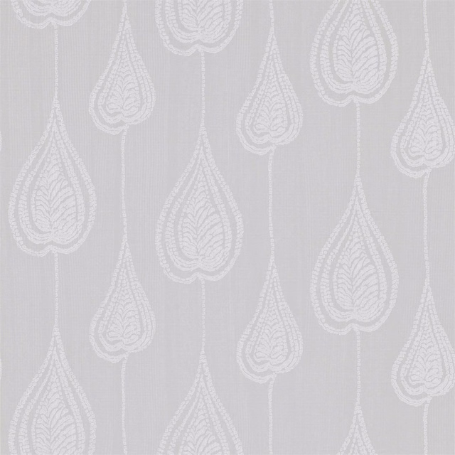 Cool grey wallpaper with white, leaf-lined teardrop motifs and subtle vertical texture