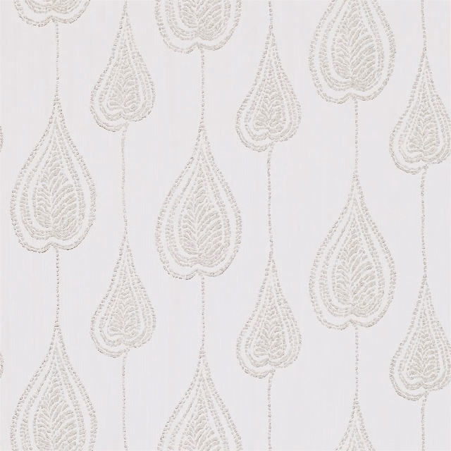 Soft shell wallpaper with pale taupe spade motifs and delicate vertical dotted trails