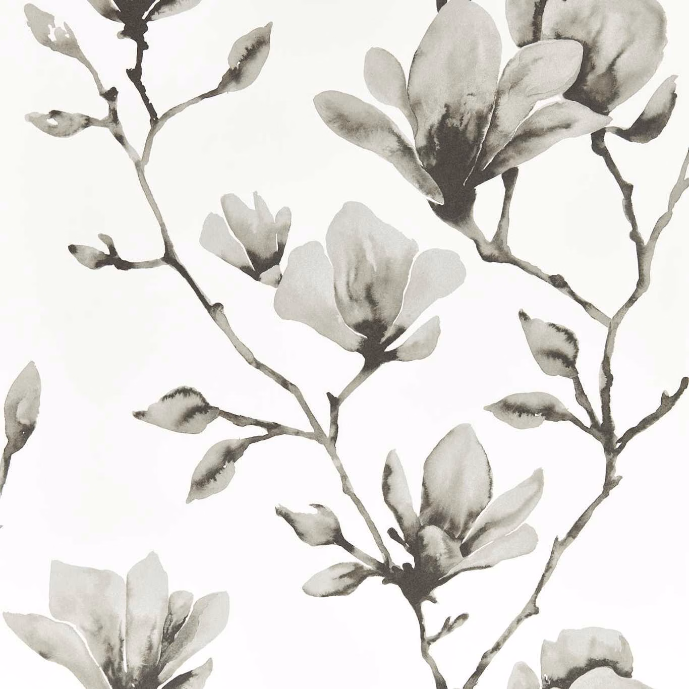 Ivory wallpaper with large soft-grey botanical blooms and ink-washed stems