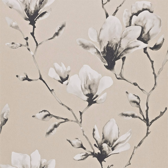 Rose-gold beige wallpaper with large white magnolia blooms and charcoal painterly branches