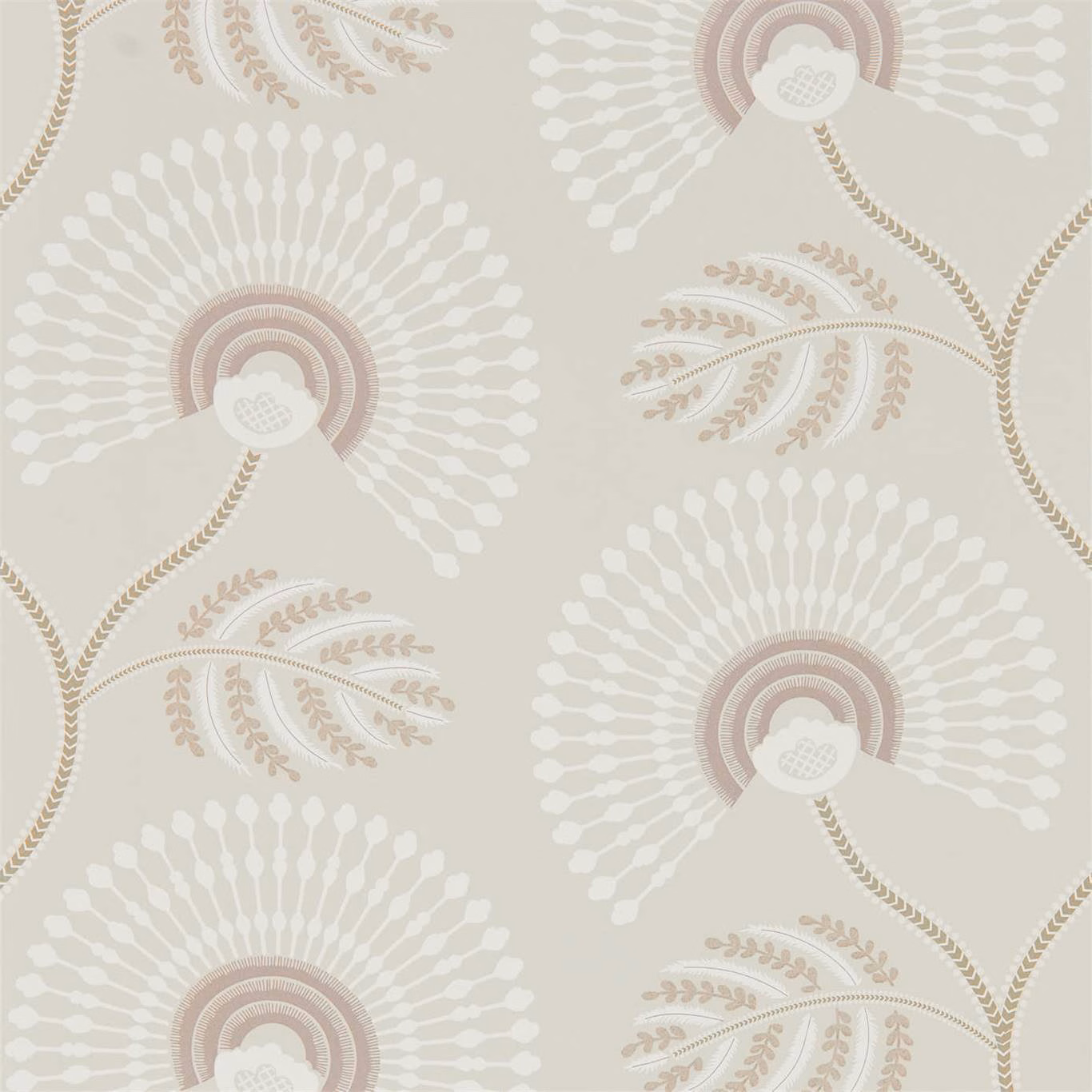 Rose quartz fan motifs with pearl petals and taupe foliage on a muted ground