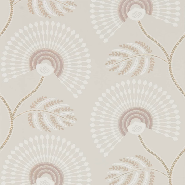 Rose quartz fan motifs with pearl petals and taupe foliage on a muted ground