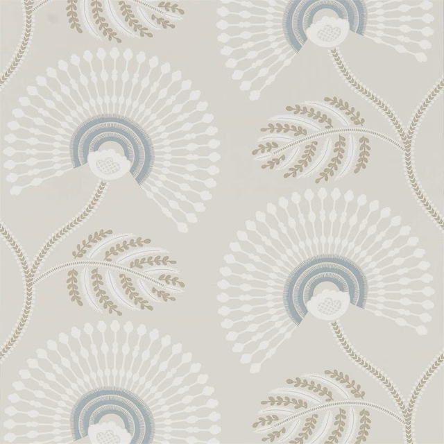 Pale seaglass wallpaper with pearl fan motifs, blue-grey arches and taupe sprigs