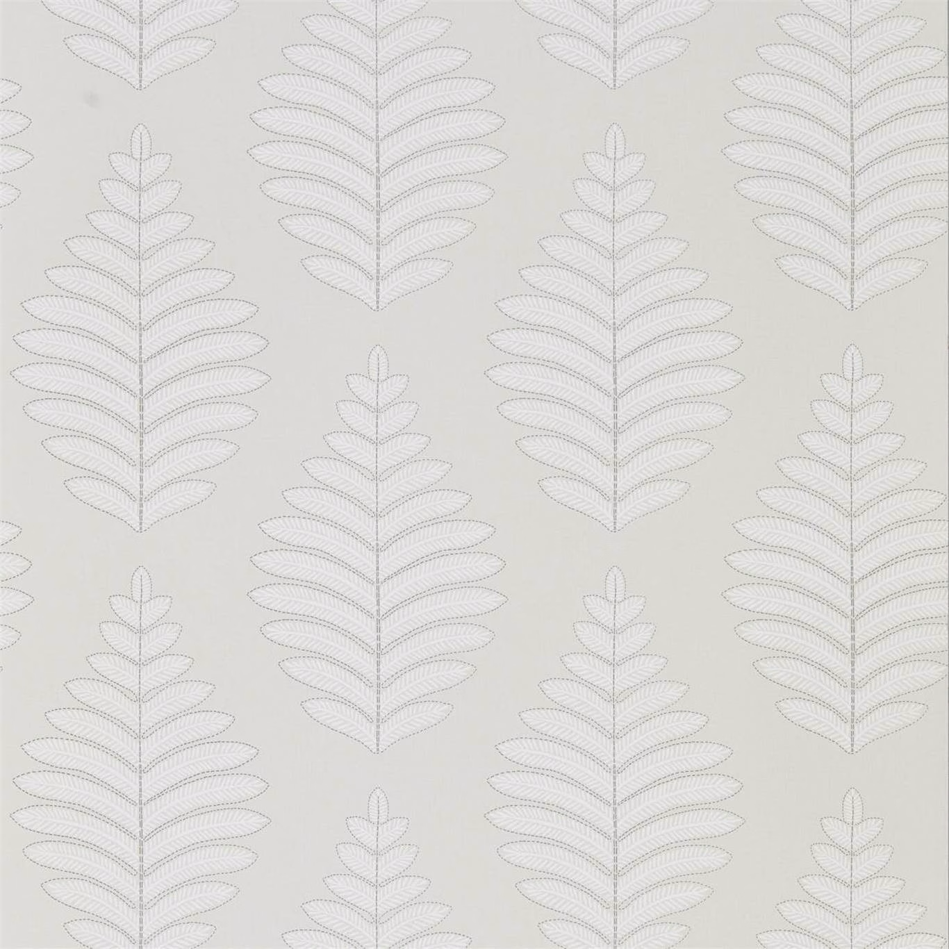 Pale silver-grey wallpaper with repeating outlined leaf stems on a linen ground