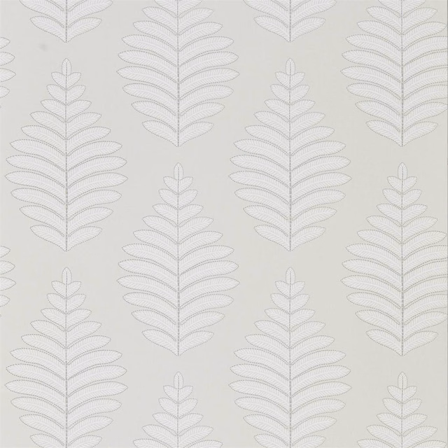 Pale silver-grey wallpaper with repeating outlined leaf stems on a linen ground