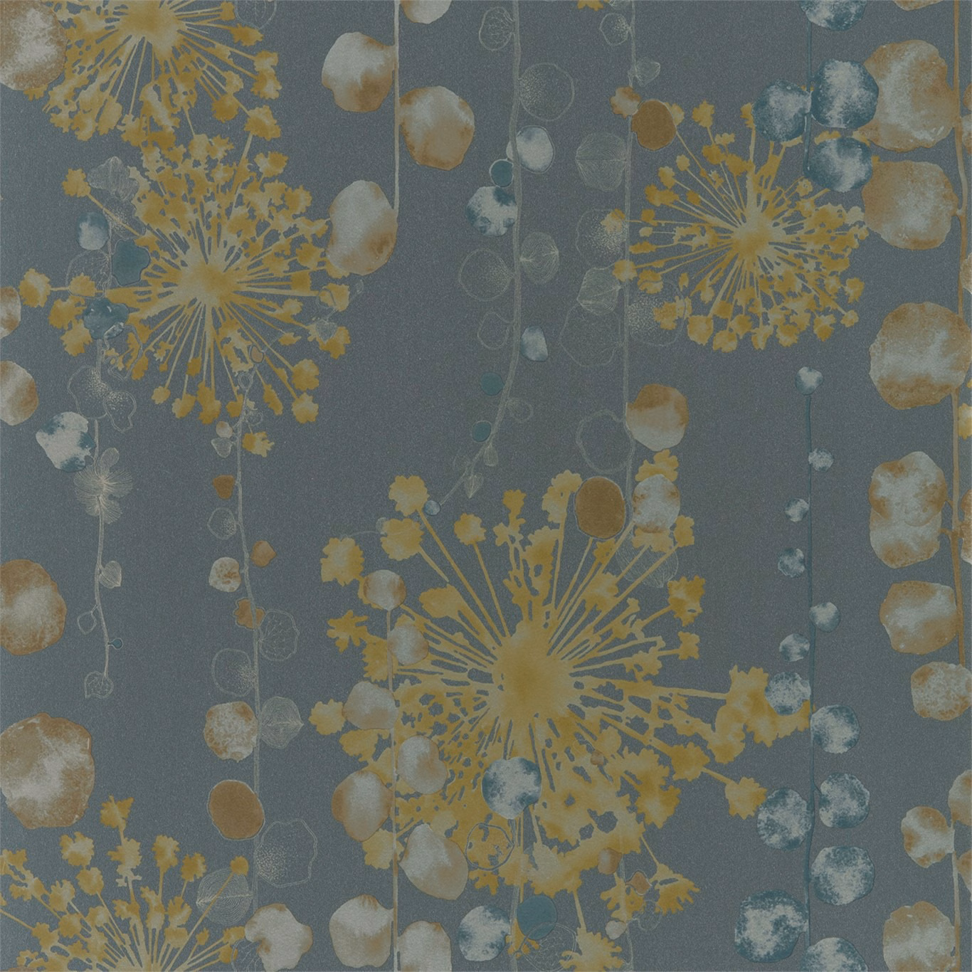 Graphite blue wallpaper with oversized mustard flowers and muted botanical seed pods