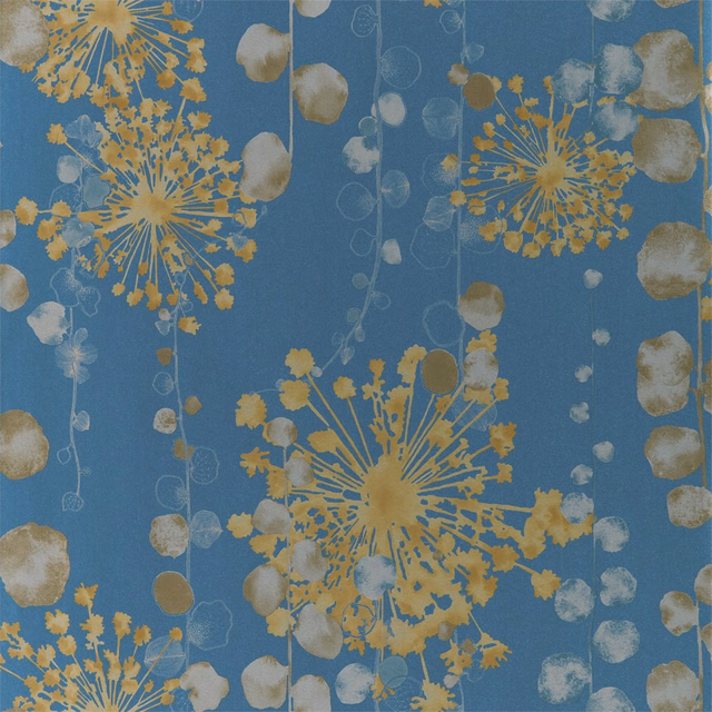 Indigo-blue wallpaper with ochre dandelion-like sprays and pale pebble forms