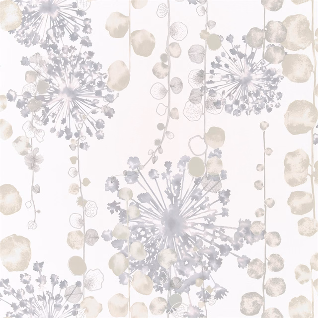 Ivory wallpaper with mineral-grey dandelion blooms and pebble seedheads