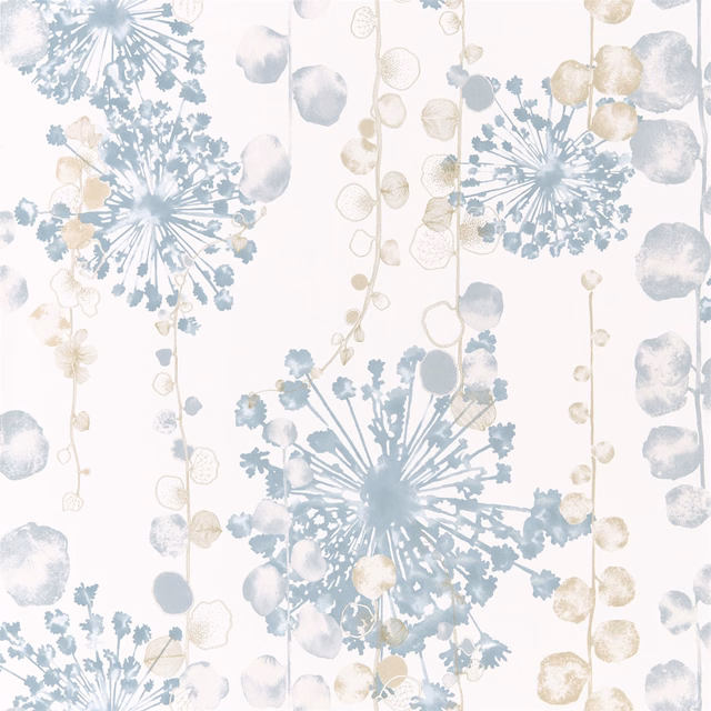 Pale ocean-blue botanical bursts with sand petals on a warm white wallpaper ground