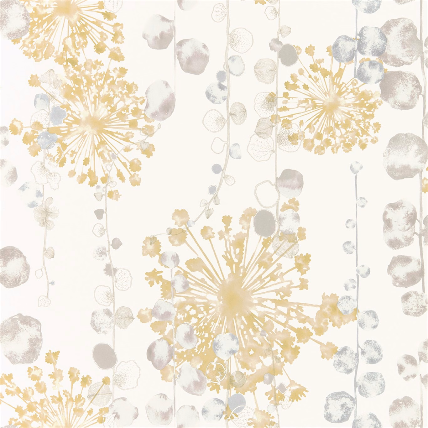 Ochre botanical bursts and blue-grey seed heads on a cream wallpaper ground
