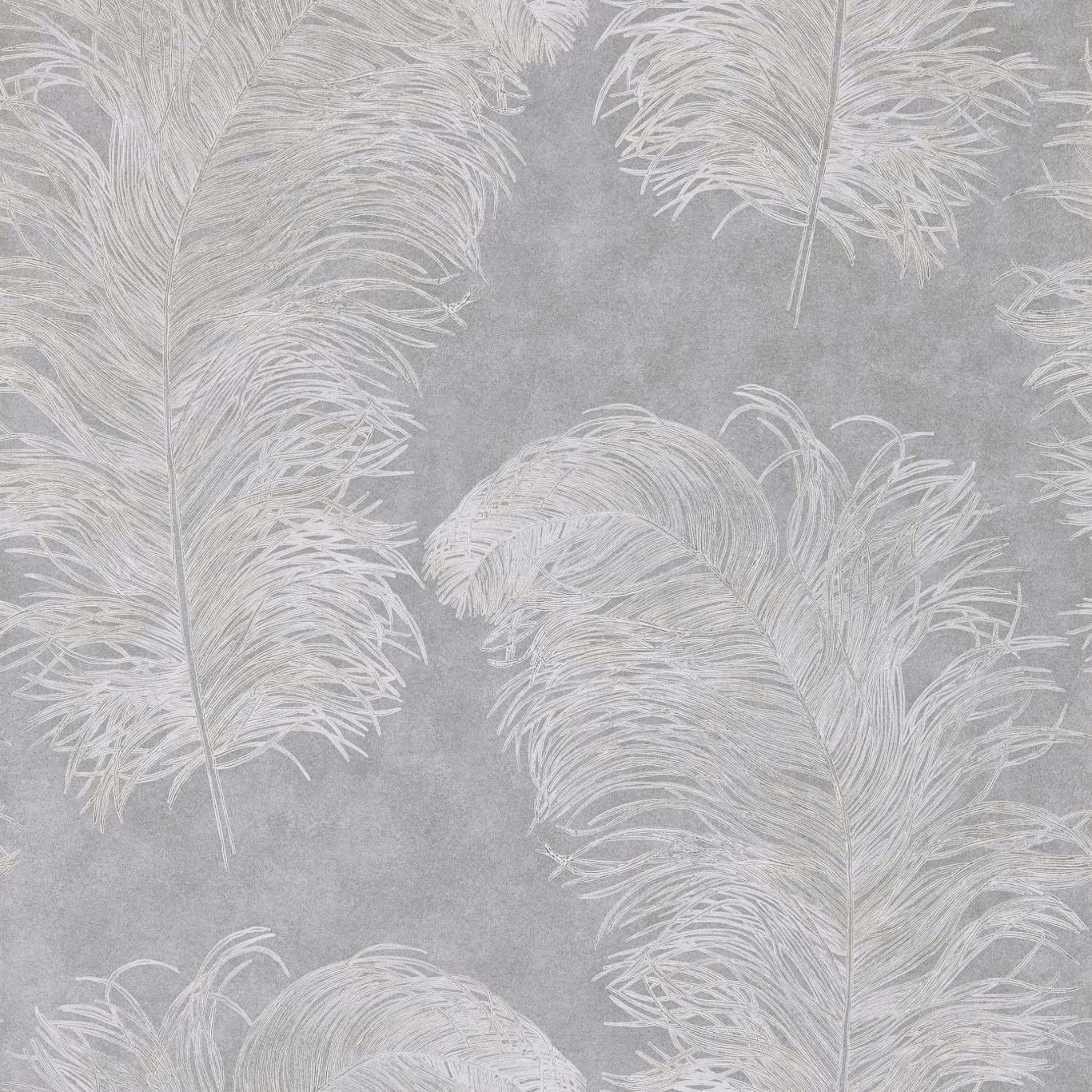 White feather fronds over a cool silver-grey mottled wallpaper ground