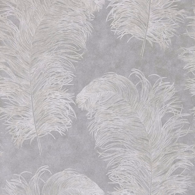 White feather fronds over a cool silver-grey mottled wallpaper ground