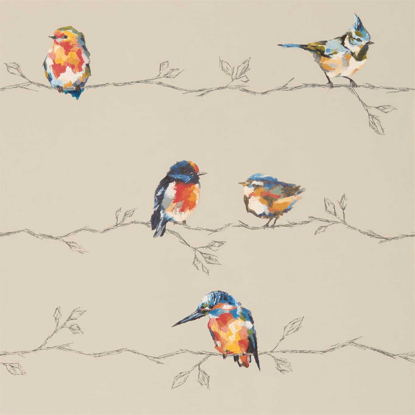 Coral and lemon songbirds perched on fine branches over a warm greige ground