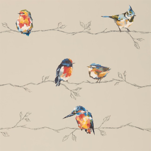 Coral and lemon songbirds perched on fine branches over a warm greige ground