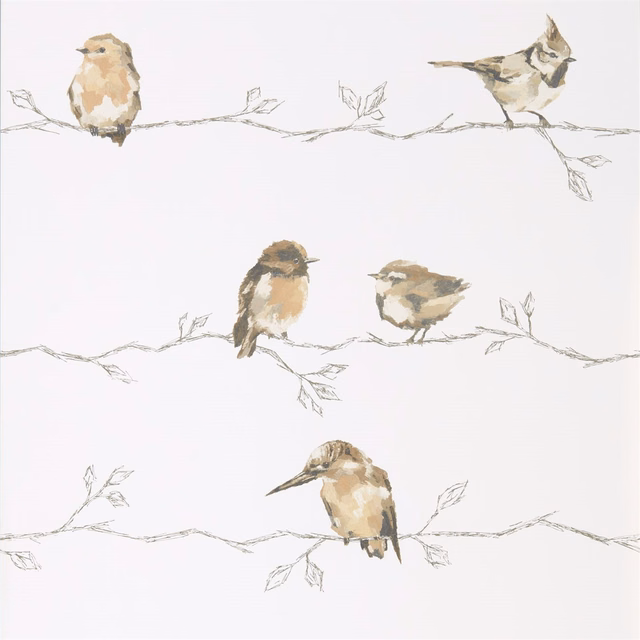 Sepia birds perched on fine sketched branches against a chalk-white wallpaper ground