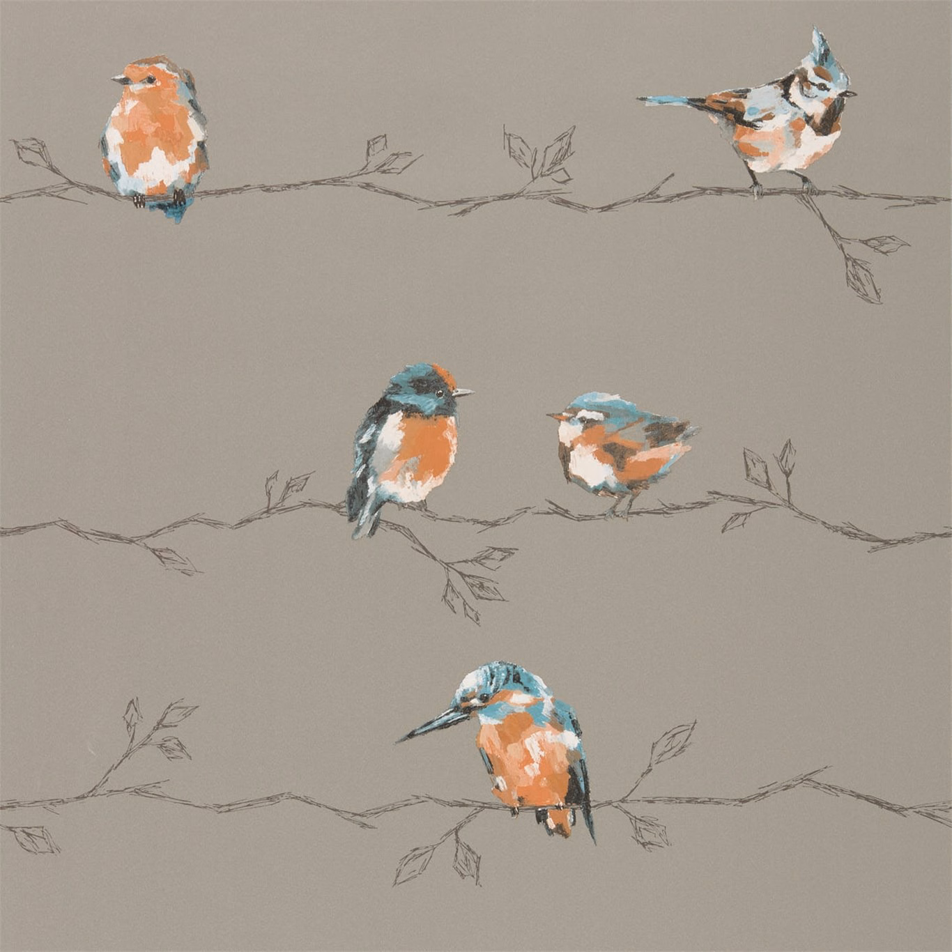 Tangerine and duck-egg birds perched on fine branches over a taupe ground
