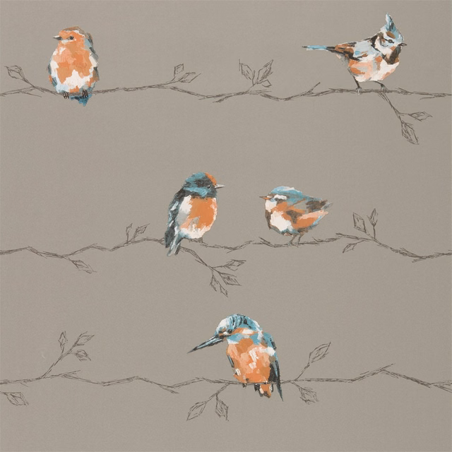 Tangerine and duck-egg birds perched on fine branches over a taupe ground