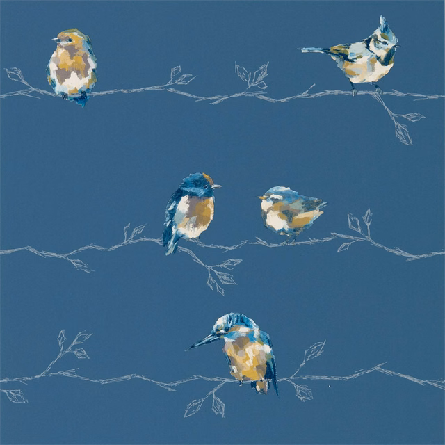 Turquoise and navy wallpaper with five painterly birds perched on fine branches