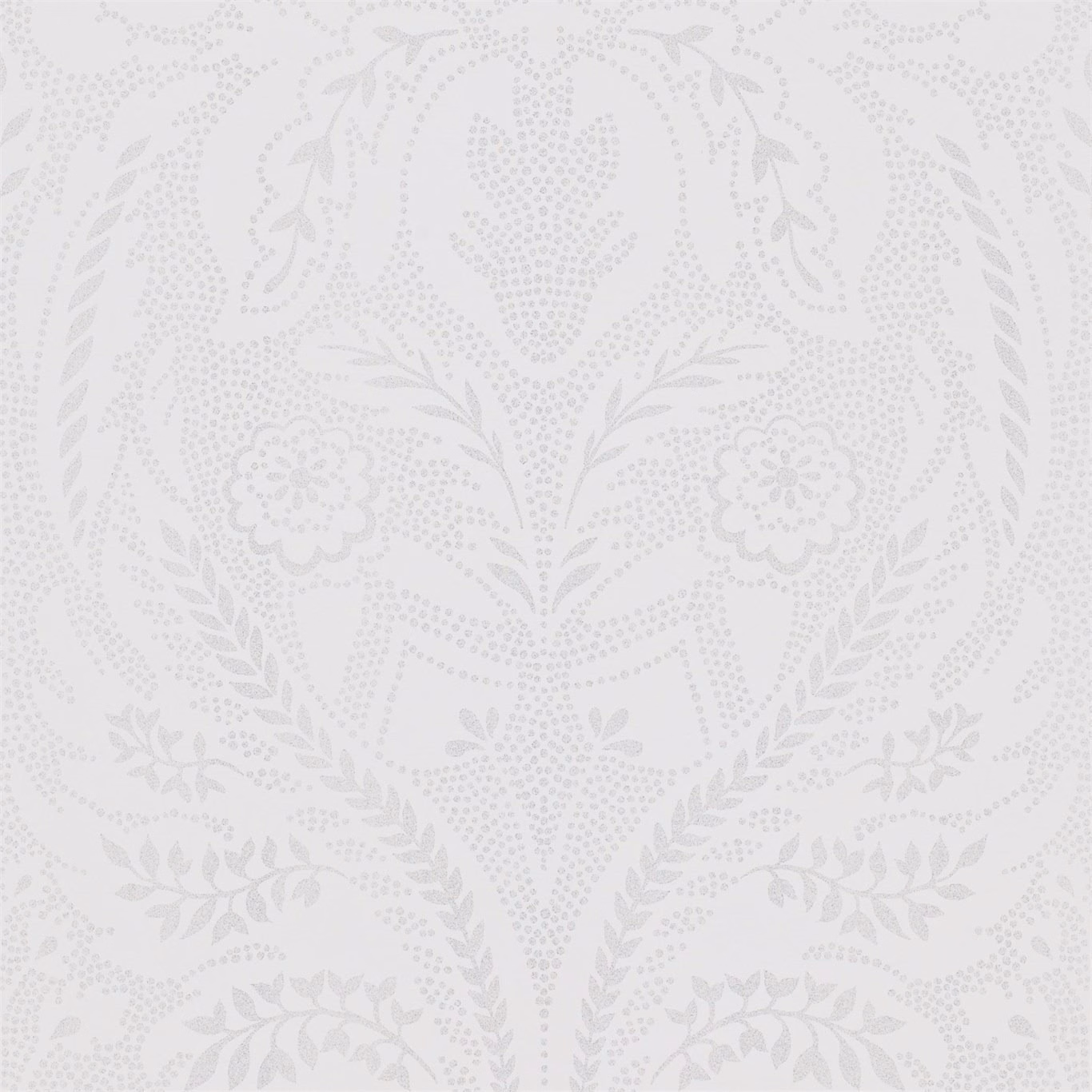 Pale mist-grey wallpaper with symmetrical leafy garlands, dotted ground and delicate flower medallions.