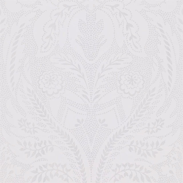 Pale mist-grey wallpaper with symmetrical leafy garlands, dotted ground and delicate flower medallions.