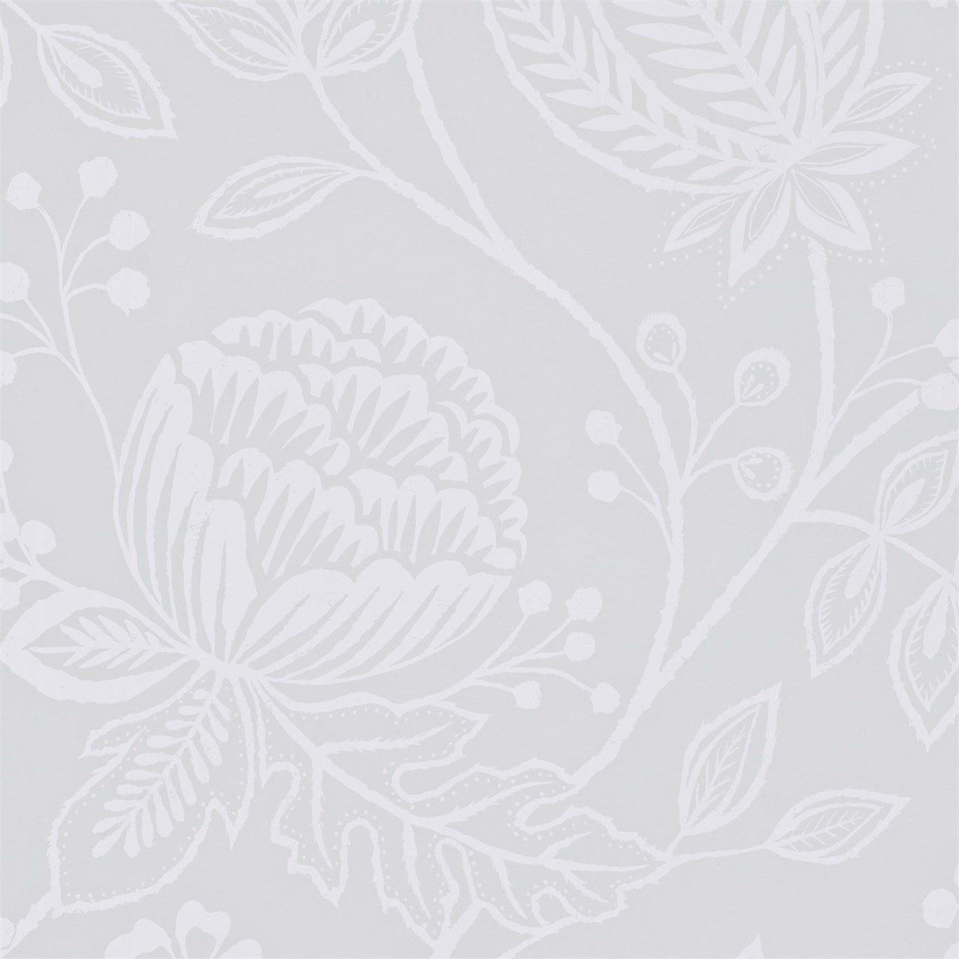 Pale willow-grey wallpaper with white oversized flowers, leaves and branching stems