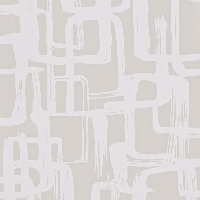 Pale pearl-grey wallpaper with chalk-white abstract blocks and brushed linear accents