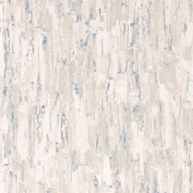 Pale ivory wallpaper with bleached denim-blue vertical distressed brush marks