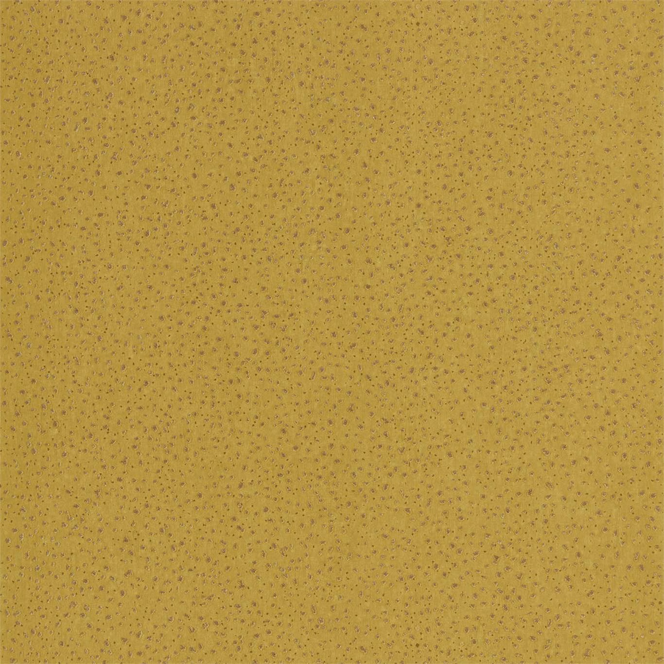 Warm citrus-ochre wallpaper with fine dark flecks across a softly textured ground