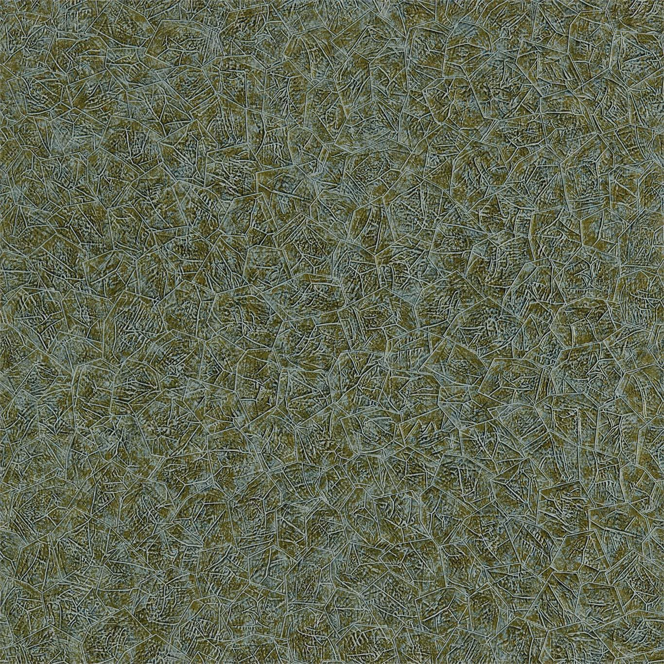 Muted olive-gold wallpaper with blue-grey graphite lines in a dense mineral network