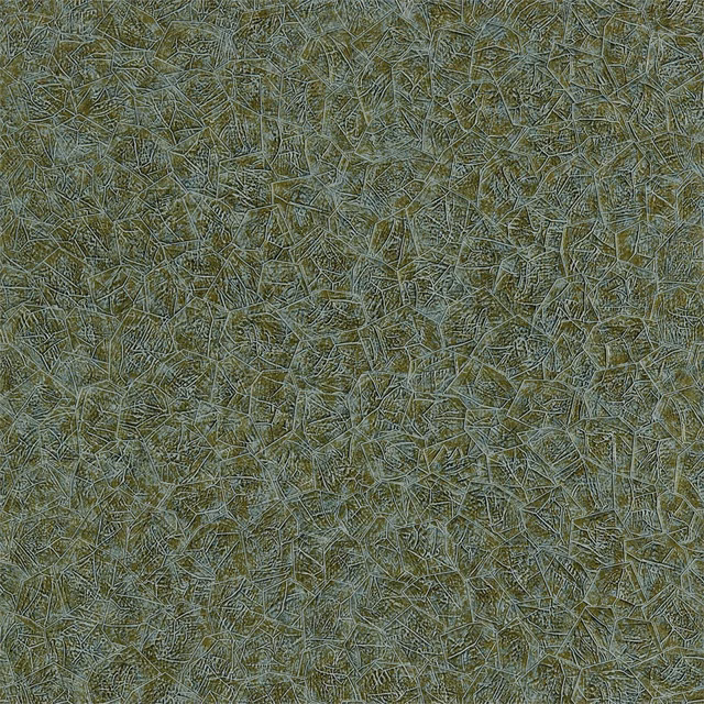 Muted olive-gold wallpaper with blue-grey graphite lines in a dense mineral network