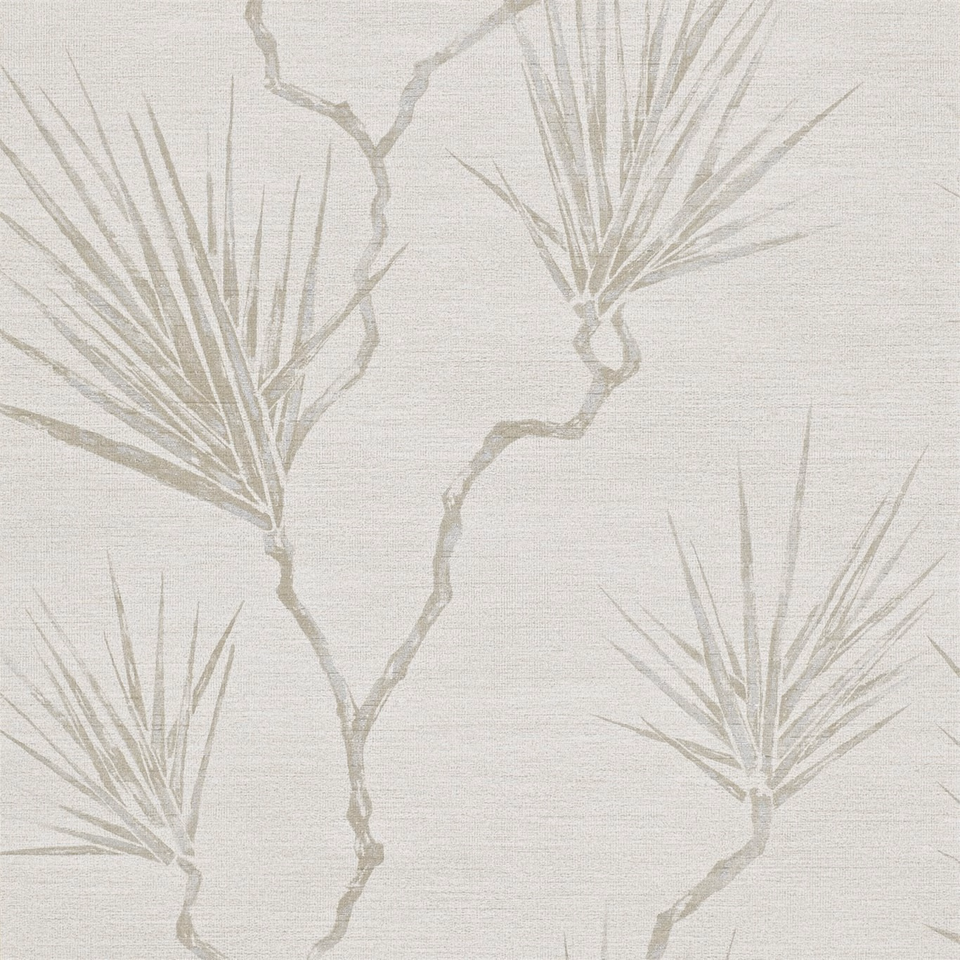 Pale parchment wallpaper with taupe-grey branching palms and fine horizontal grain