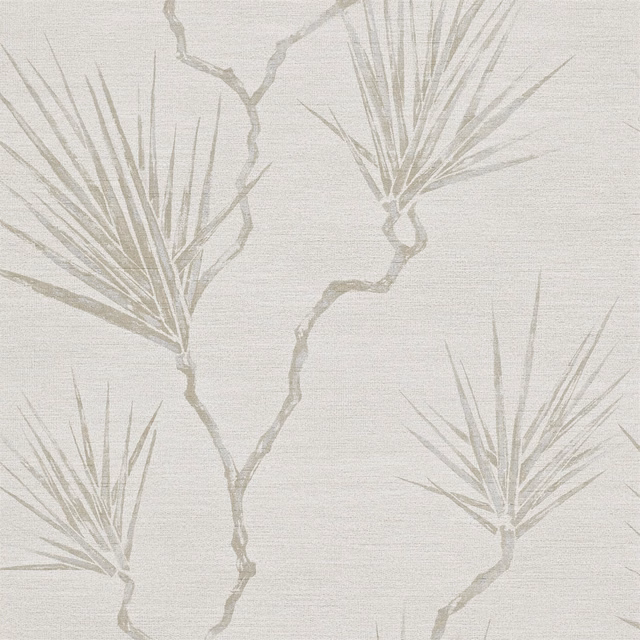 Pale parchment wallpaper with taupe-grey branching palms and fine horizontal grain