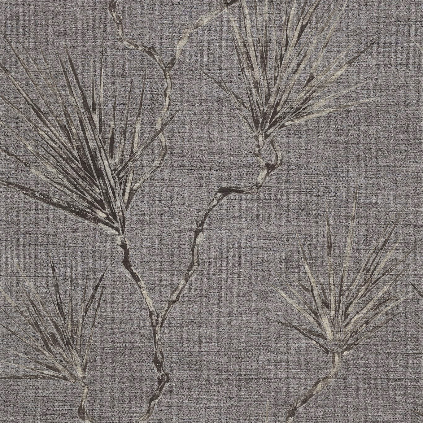 Taupe-grey wallpaper with charcoal palm sprays and fine horizontal striations