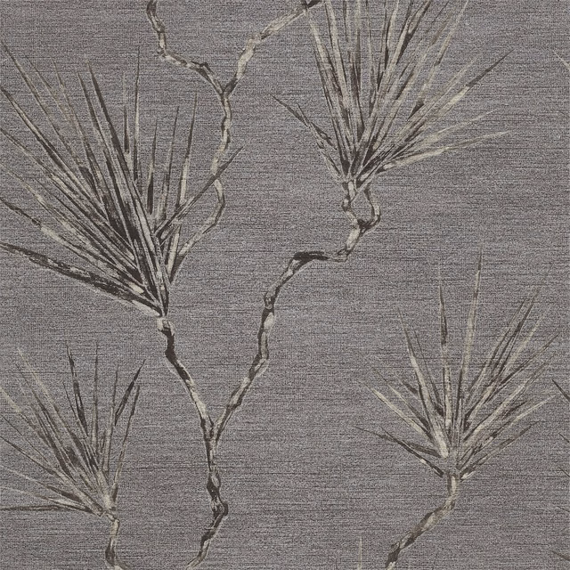 Taupe-grey wallpaper with charcoal palm sprays and fine horizontal striations