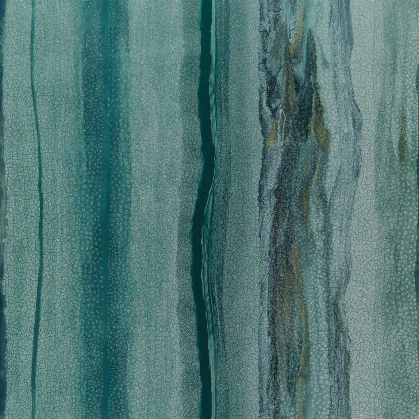 Mineral teal wallpaper with vertical blue-grey veining and subtle ochre marbling