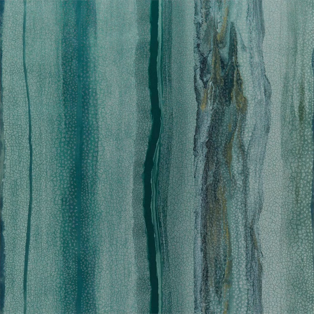 Mineral teal wallpaper with vertical blue-grey veining and subtle ochre marbling