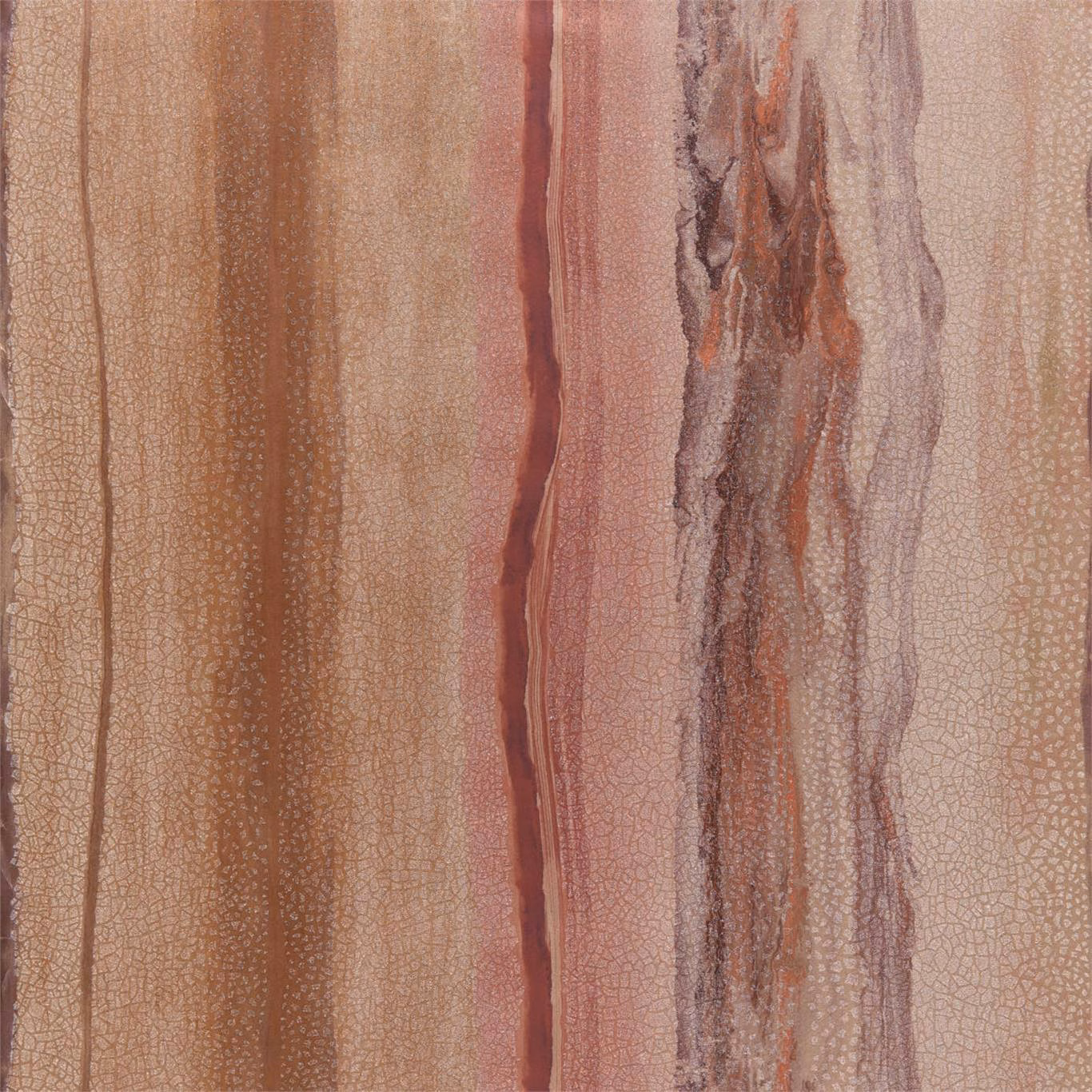 Copper and ruby wallpaper with vertical mineral striations and fine crackle texture