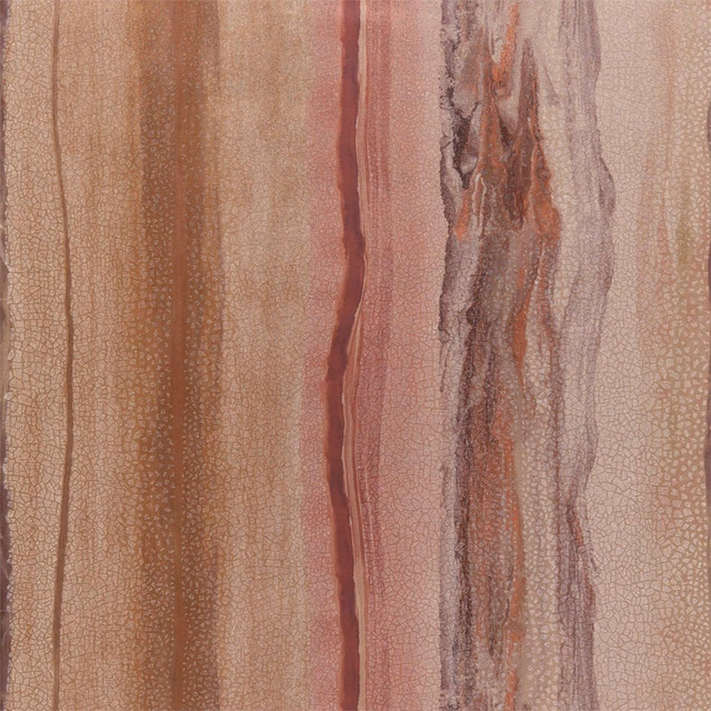Copper and ruby wallpaper with vertical mineral striations and fine crackle texture