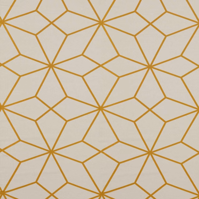 Ivory fabric with warm ochre geometric lines and radiating angular starbursts