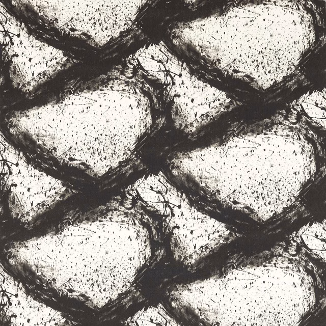 Black and ivory fabric with rough diamond lattice, speckles and distressed texture