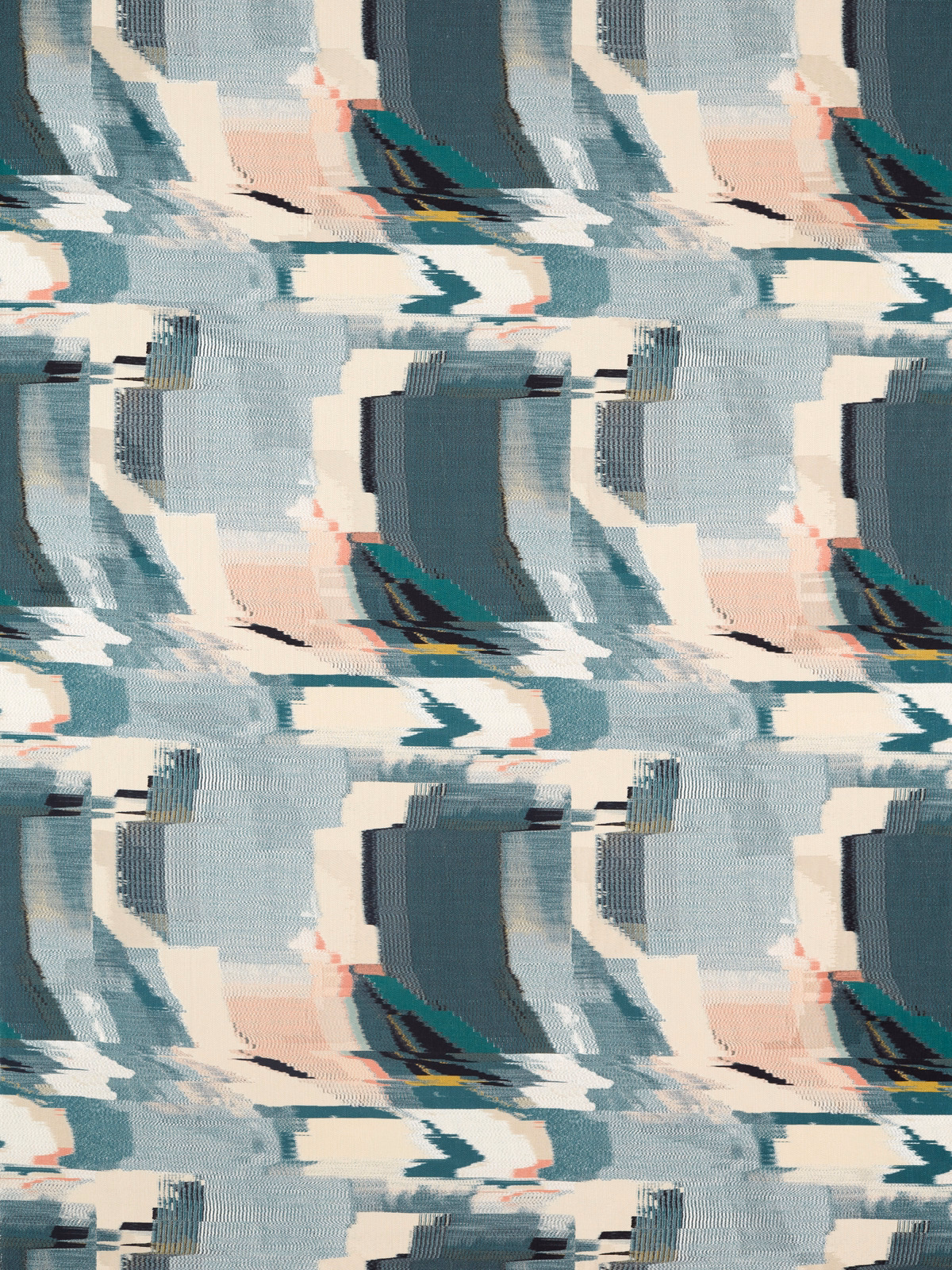 Abstract teal, pale blue, cream and blush woven fabric with painterly block motifs