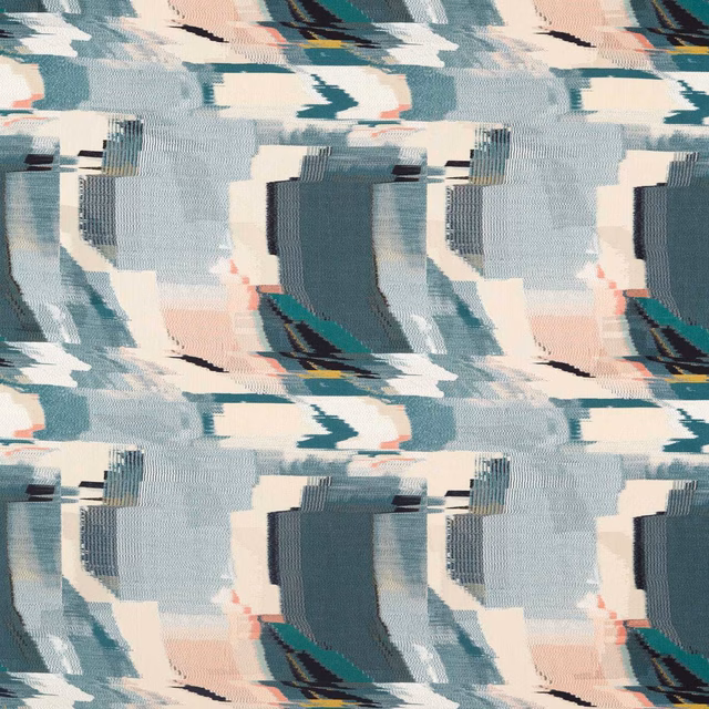 Abstract teal, pale blue, cream and blush woven fabric with painterly block motifs