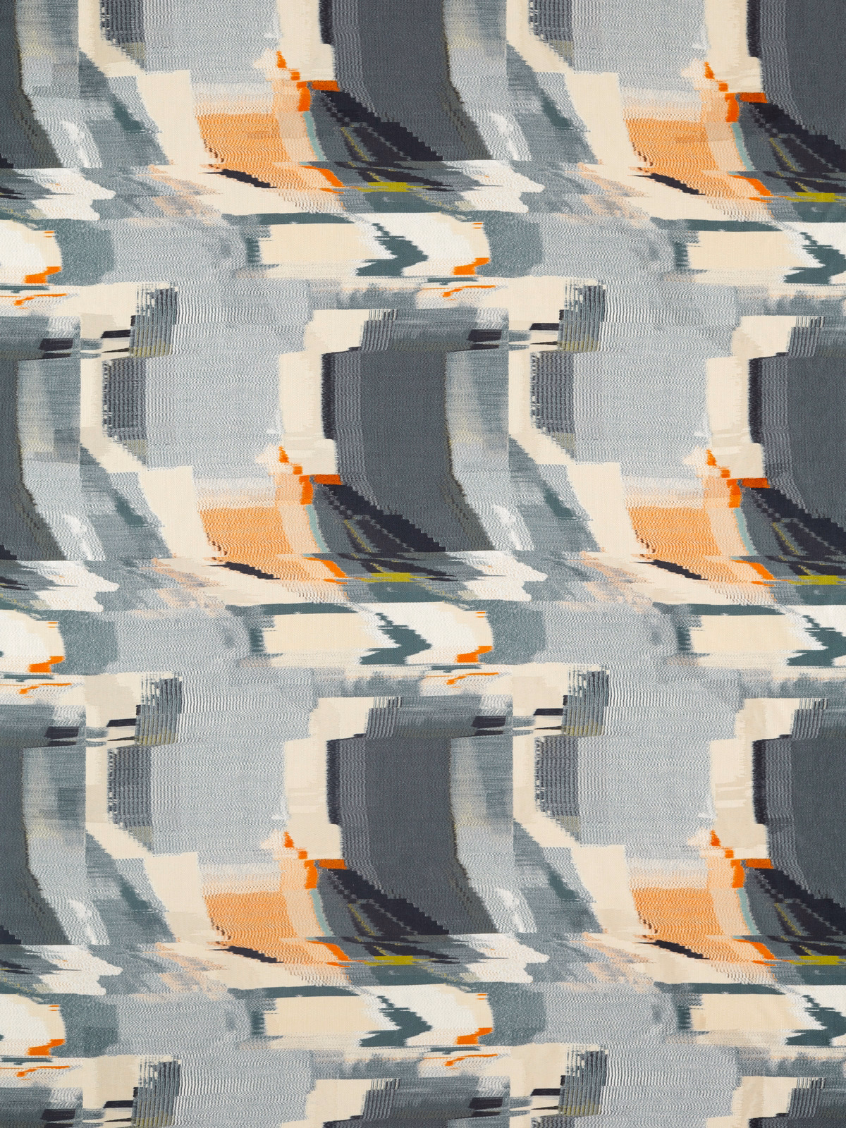 Slate and pale blue abstract woven blocks with cream fields and rust-orange accents