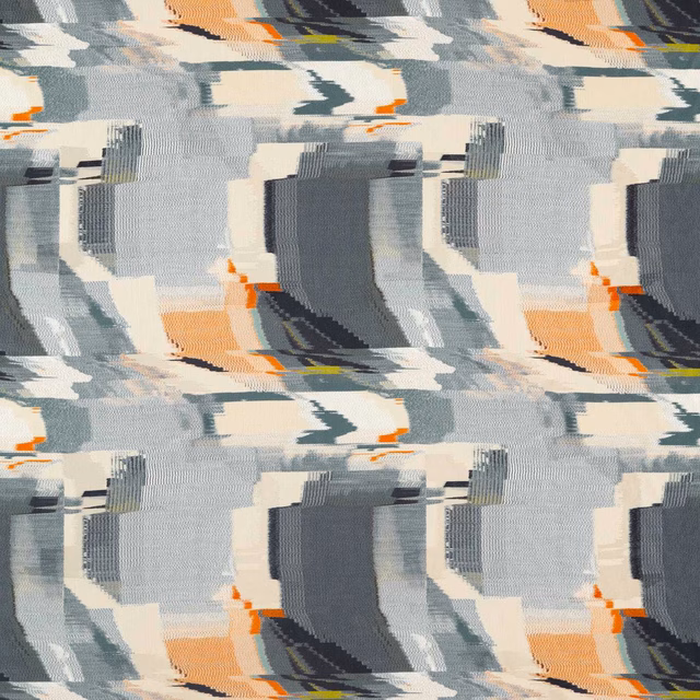 Slate and pale blue abstract woven blocks with cream fields and rust-orange accents