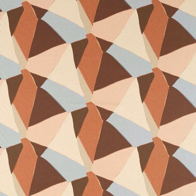 Angular geometric fabric in cornflower blue, blush, cream, spice and chocolate brown