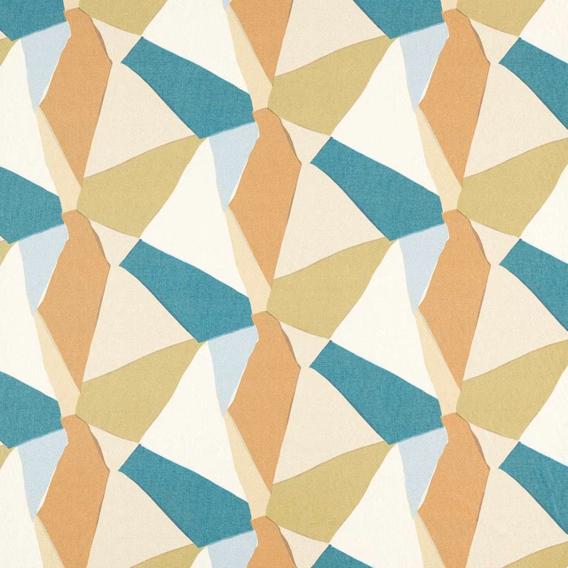 Marine teal, grass olive and taupe geometric woven shapes on a cream ground
