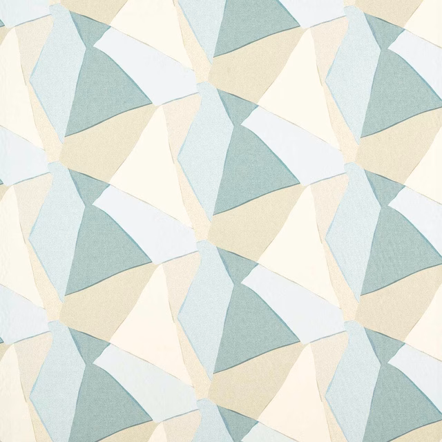Geometric triangular textile in muted sky blue, pebble and canvas tones